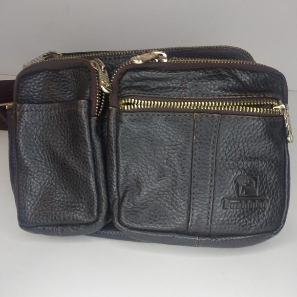 Fuzhiniao Brown Leather Hip Pack Crossbody Travel Streetwear Man Bag Unisex VGC - Picture 7 of 8